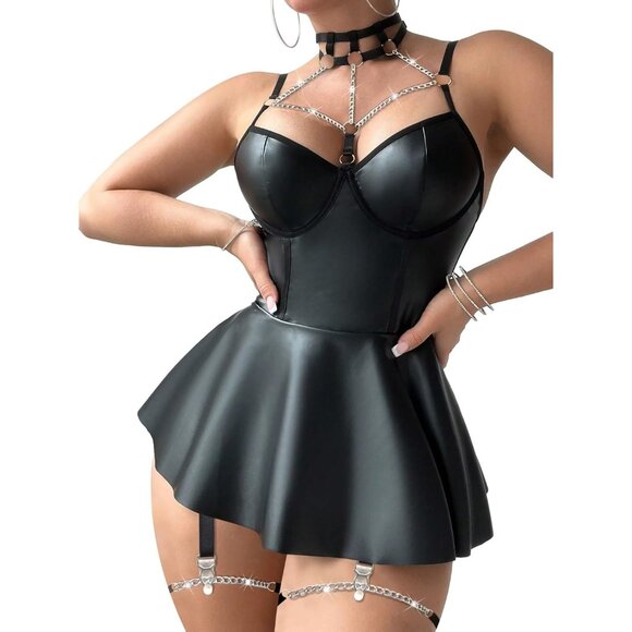 Women Black 1 Strappy Leather Underwire Choker Garter Belt Lingerie Set Dress - Picture 4 of 6